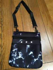 Black and White Tie-dye Neoprene Crossbody White Stars