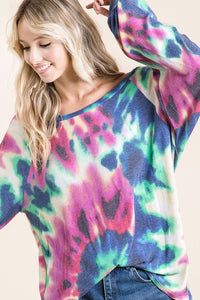 TIE DYE PRINT TERRY TOP WITH PUFF SLEEVES - FUCHSIA/CHARCOAL or FUCHSIA/DENIM