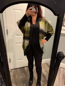 BRUSHED MULTI COLOR STRIPED OPEN CARDIGAN WITH LONG DOLMAN SLEEVES AND CURVED HEM - Magent Multi or Olive Multi