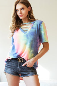 TIE DYE TERRY V-NECK TOP WITH STRAPPED FRONT NECK - CHARCOAL TIE DYE