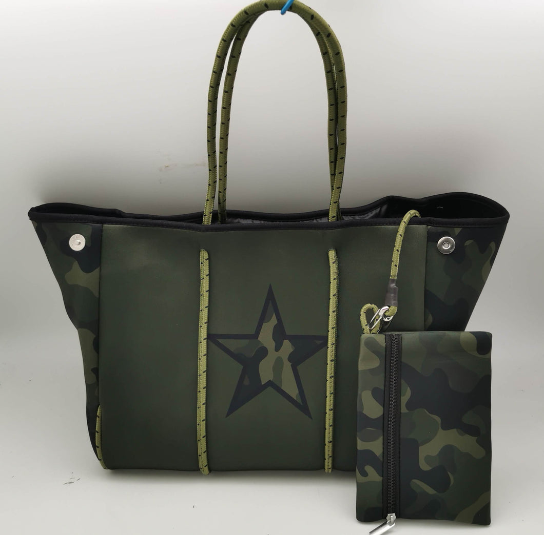 Olive Neoprene Tote with Camo Star and Side Panels