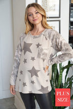 PLUS Long sleeve star print knit top with a round neck featuring a tie dye patch pocket, tie dye trim, and a side slit - Grey or Taupe