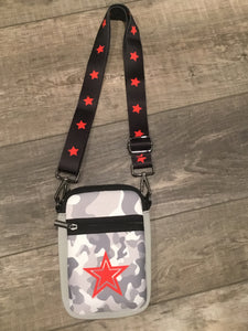 GREY CAMO WITH RED STAR MULTI ZIPPER NEOPRENE PHONE HOLDER W/1.25" STAR STRAP