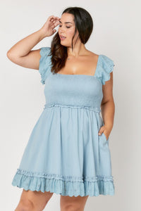 PLUS SOLID SMOCKED RUFFLE MINI DRESS - DUSTY BLUE