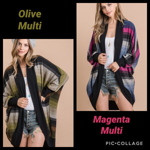 BRUSHED MULTI COLOR STRIPED OPEN CARDIGAN WITH LONG DOLMAN SLEEVES AND CURVED HEM - Magent Multi or Olive Multi