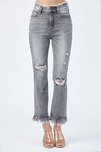 RISEN HIGH RISE FRAYED HEM STRAIGHT LEG JEANS