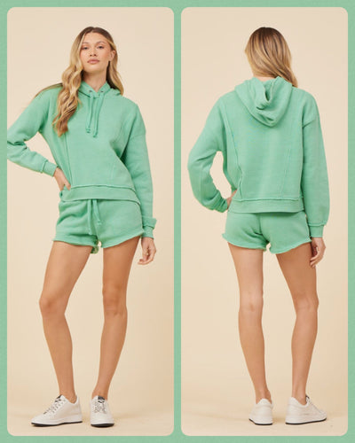 VINTAGE HAVANA SURF GREEN SOLID BURNOUT FLEECE PULLOVER SHORTS