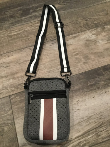 Charcoal with Merlot Stripe Neoprene Cell Phone Crossbody Bag