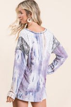 TIE DYE KNIT TOP WITH PRINT BLOCK SHOULDER AND JACQUARD TAPE - LAVENDER/BLUE