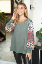 Long sleeve solid knit top with a round neck featuring a puff sleeve and a leopard print trim - Ivory or Olive