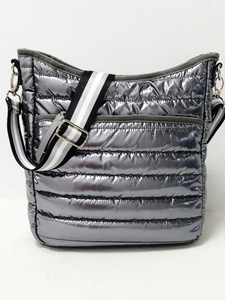 Puffer Crossbody with Striped Strap - Black, Silver or Gunmetal