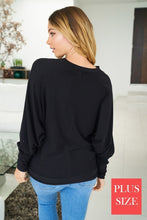 Plus long sleeve solid knit top with a v-neck featuring a cut out detail and a dolman sleeve - Black, Fuchsia or Royal Blue