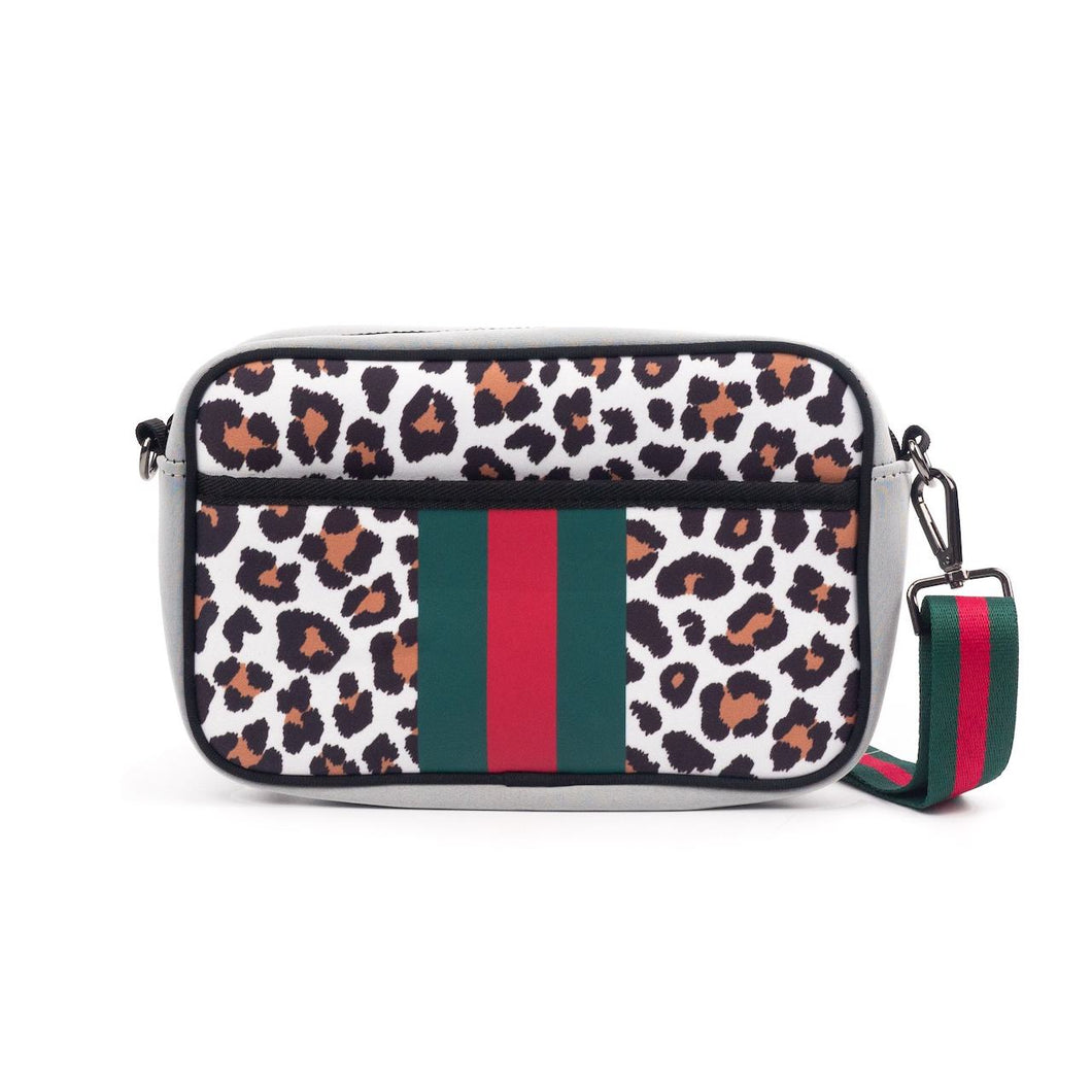 Leopard Red/Green Stripe Neoprene Crossbody Bag