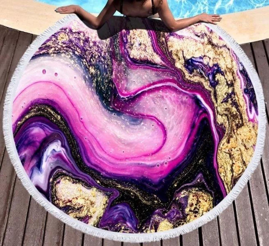 Purple Geode 60 inch round beach blanket/towel microfiber yoga mat with tassels